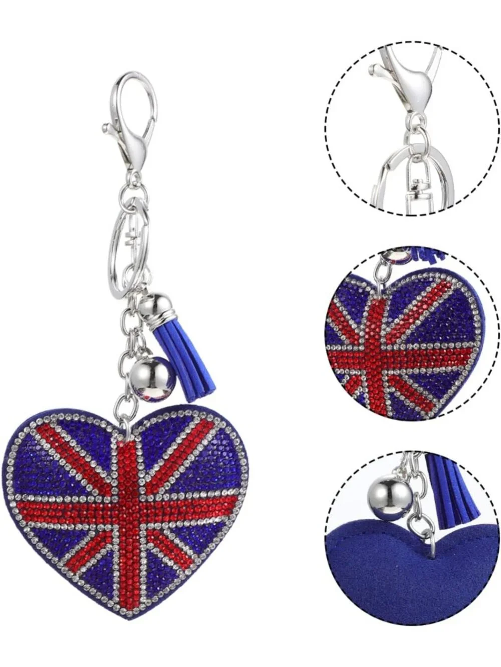 Heart-Shaped Union Jack Rhinestone Keychain Set of 2 | British Flag Bag Charm